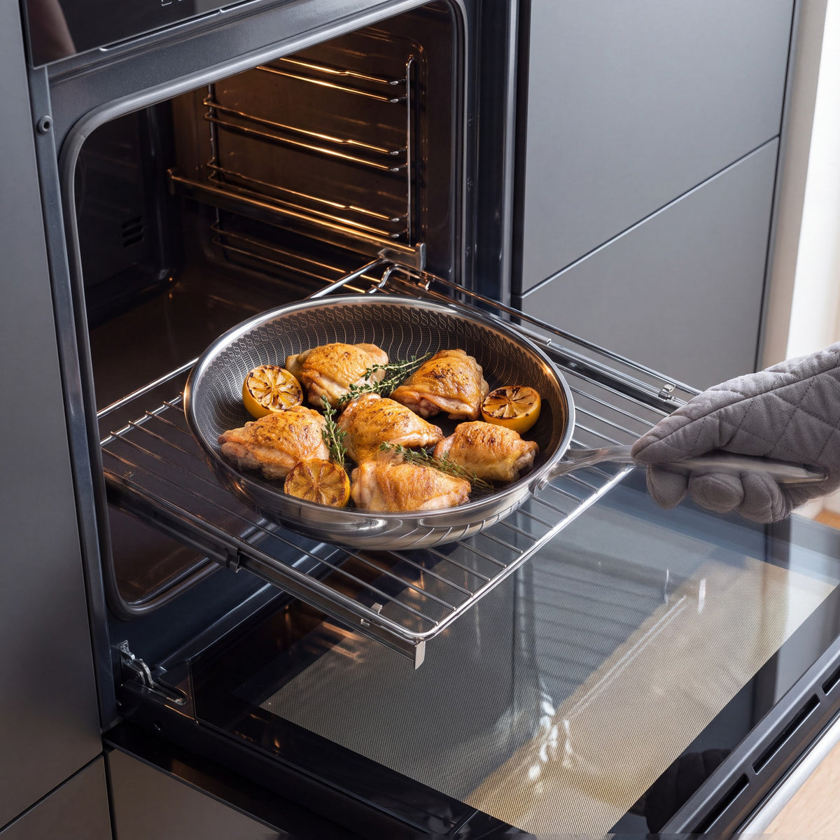 Kuro™ keptuvė su kepta vištiena traukiama iš orkaitės